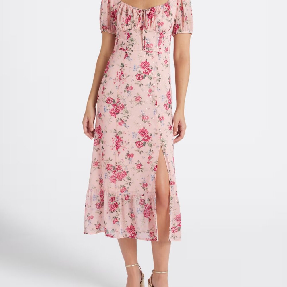 Christabel Puff Sleeve Tie Back Maxi Dress - pink, floral, size M